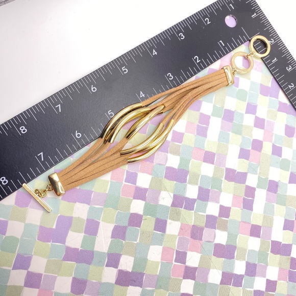 Suede Leather Toggle Clasp Gold Bar Beads Bracelet Bohemian 7'-8" - Picture 4 of 6